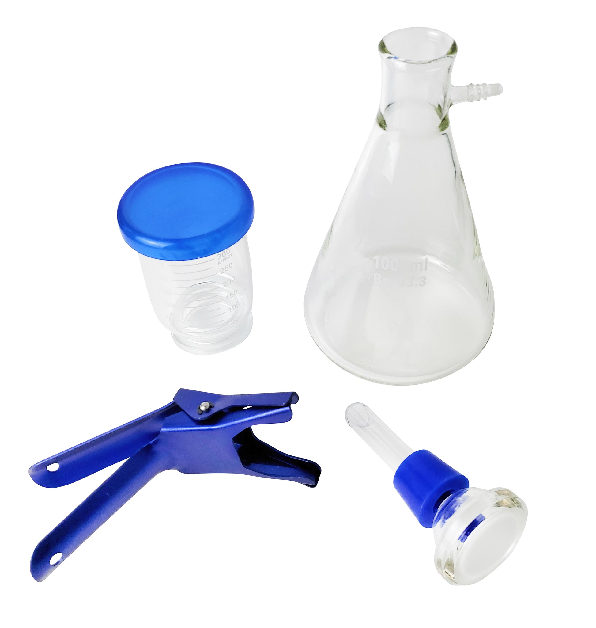 Components of a glass vacuum filtration apparatus, including a 1000ml flask, graduated receiver, filter head, and clamp.