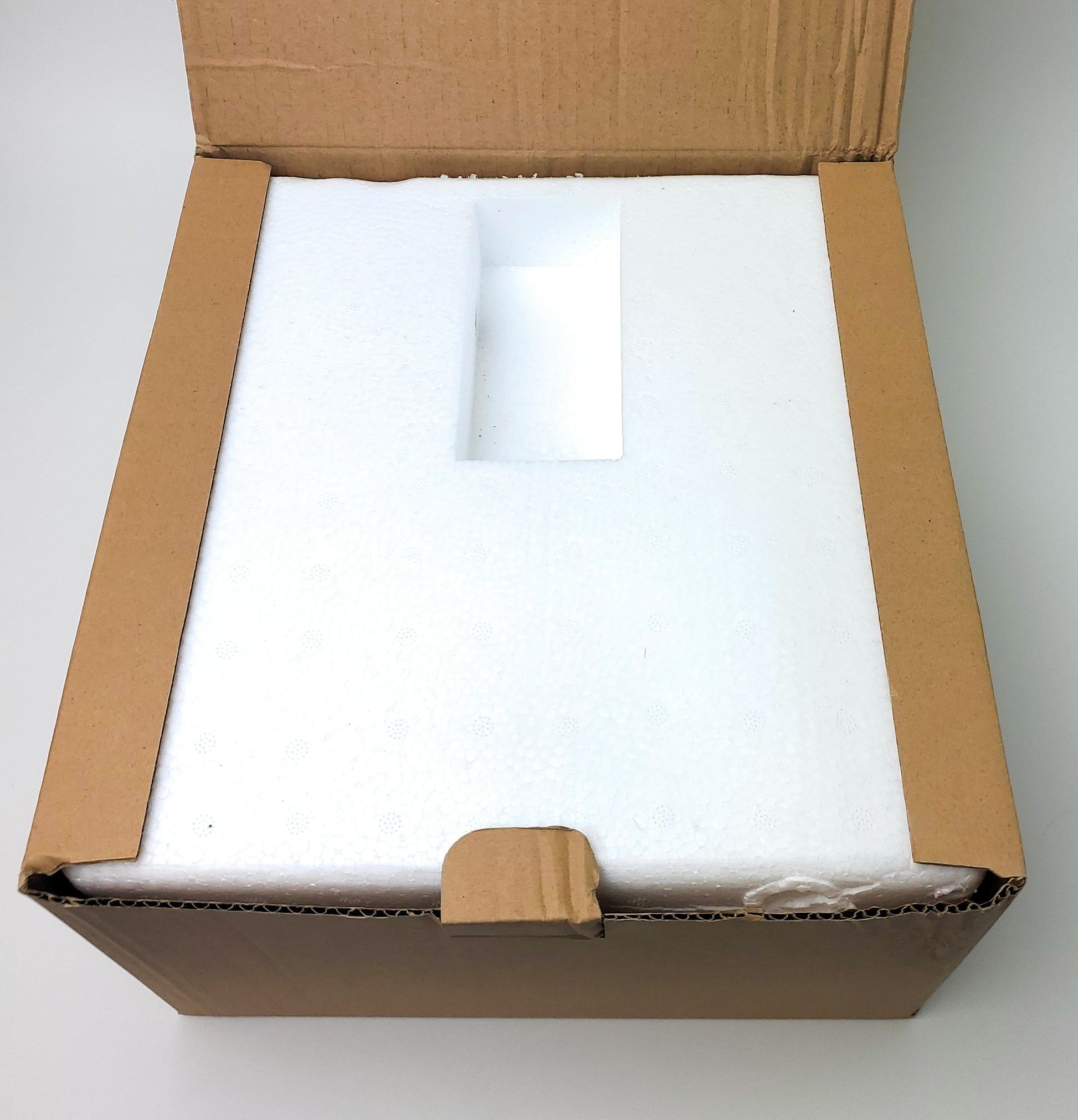 Open cardboard box with a protective white foam insert, indicating secure packaging for fragile lab equipment.