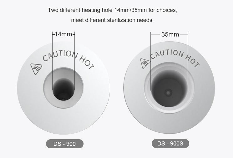  Two infrared sterilizers, one with a 14mm heating hole (DS-900) and one with a 35mm heating hole (DS-900S), showing "CAUTION HOT" labels.
