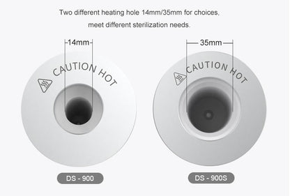  Two infrared sterilizers, one with a 14mm heating hole (DS-900) and one with a 35mm heating hole (DS-900S), showing "CAUTION HOT" labels.