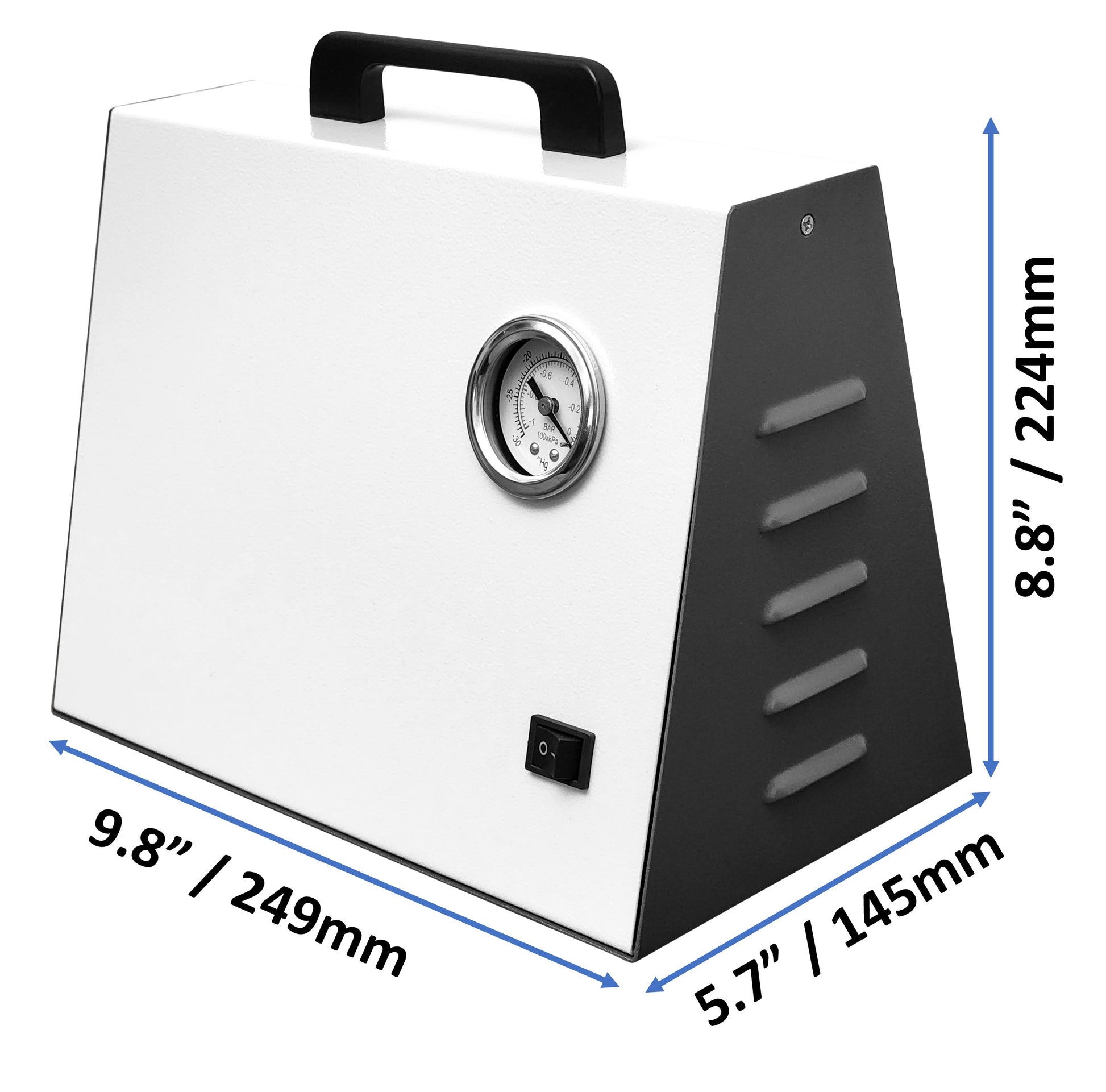 Labnique portable vacuum pump with a built-in pressure gauge and power switch, showing dimensions: 9.8", 5.7", 8.8"