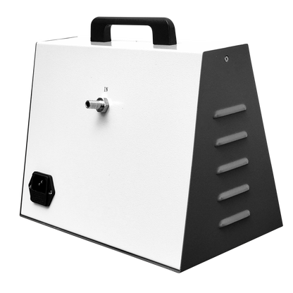 Rear view of Labnique portable vacuum pump showing the "IN" port, power input, and ventilation slats.