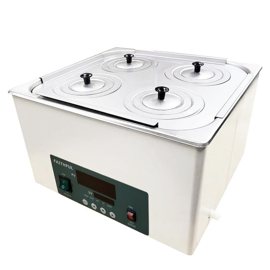 Labnique digital thermostatic water bath with four blue-lidded openings and a digital control panel, 12L capacity.