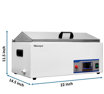 Microyn digital lab water bath with a stainless steel lid, showing dimensions of 22 inches, 14.5 inches, and 11.5 inches.