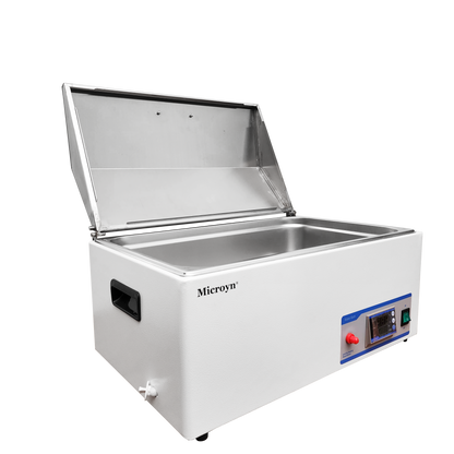 Microyn digital lab water bath with its stainless steel lid open, revealing the inner chamber, and a control panel on the front.