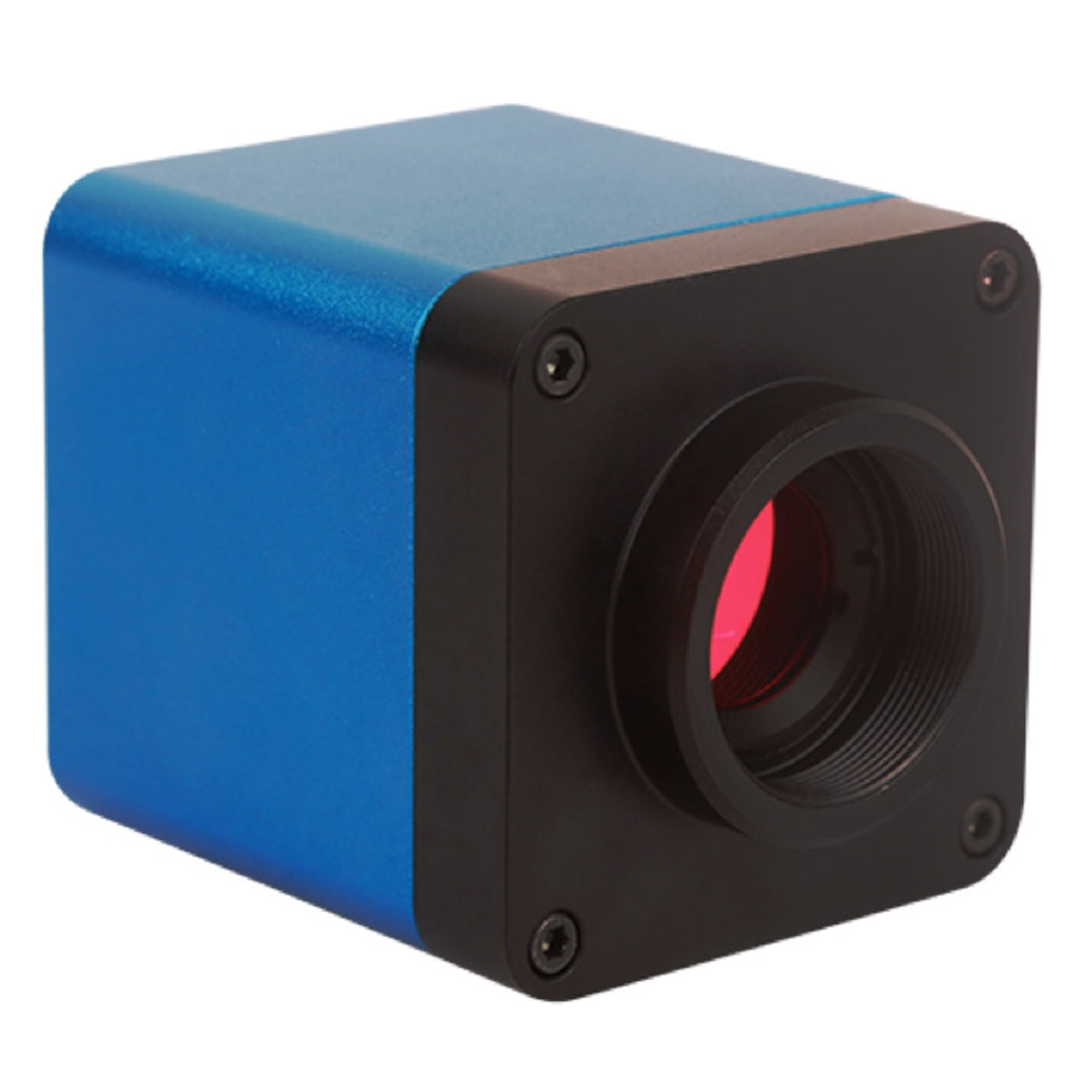 Blue industrial HDMI microscope camera with C-mount interface for 1080p imaging.