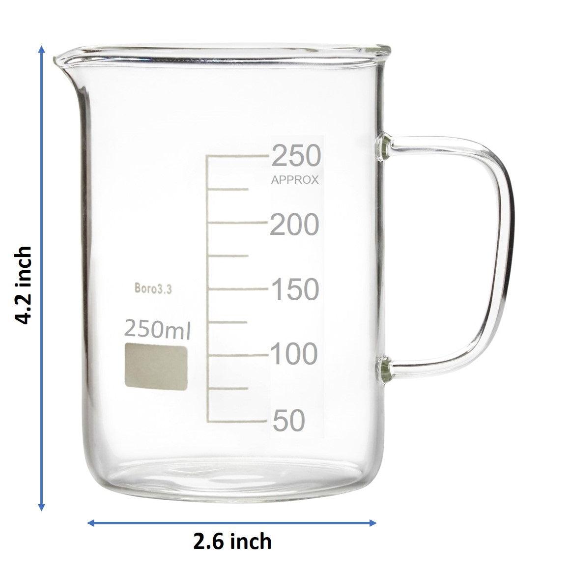 Glass Beaker with Handle, Beaker Mug with Pouring Spout, 250ml (Case of 24)