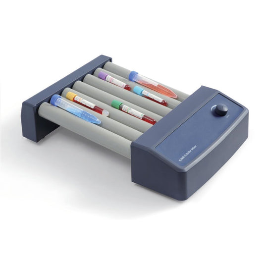 A Labnique Tube Roller Mixer with test tubes on the rollers. The mixer has a dark blue base and gray rollers.