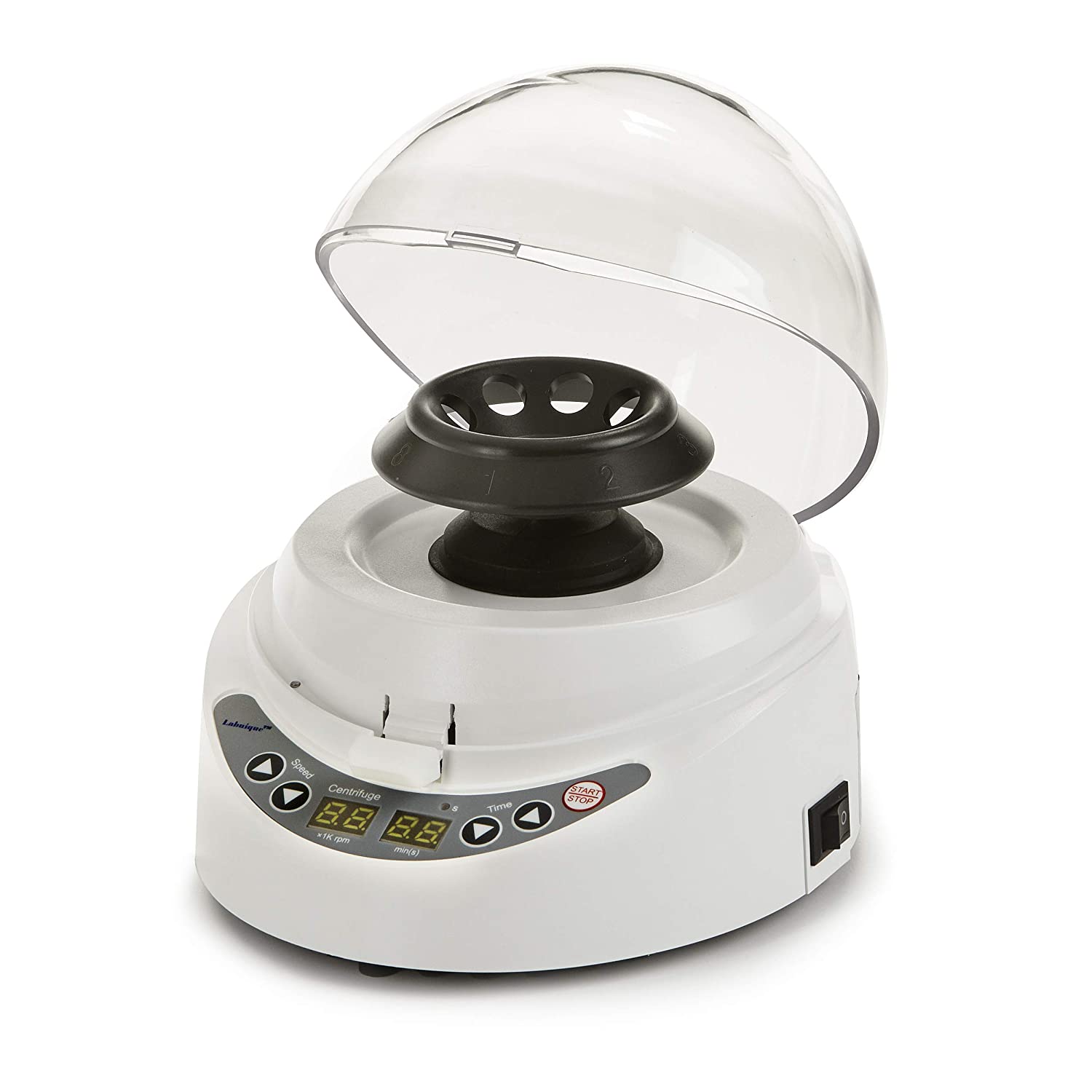 A white Labnique mini centrifuge with a clear dome-shaped lid that is open. The centrifuge has a black rotor inside with several holes for tubes. The control panel on the front has several buttons and a digital display showing "88 88". The centrifuge is shown against a white background.