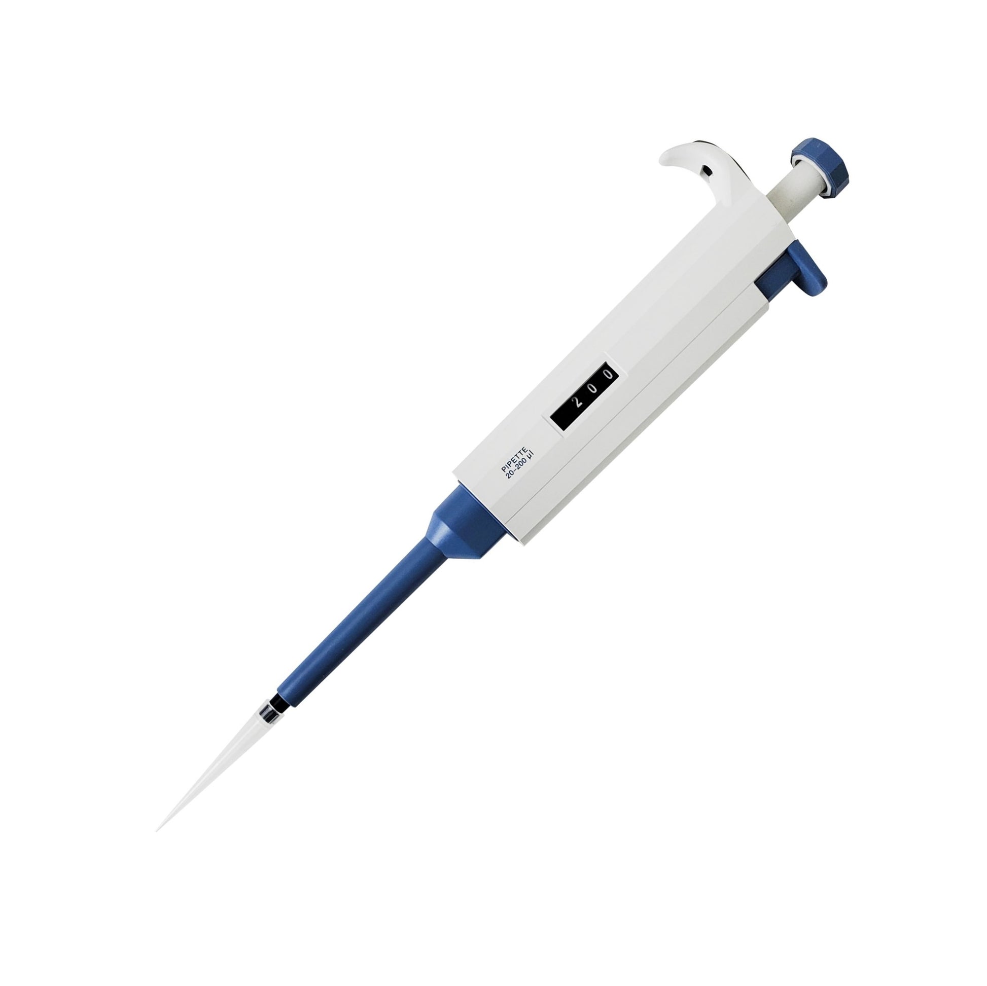 White and blue single channel pipette, showing volume display of 200 μl.