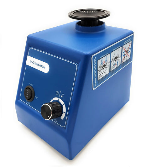 A blue Labnique 4-in-1 Vortex Mixer with a black top. The mixer has a switch labeled "Auto," "Off," and "Touch," as well as a speed dial. A diagram on the side of the mixer shows the plate replacing method.