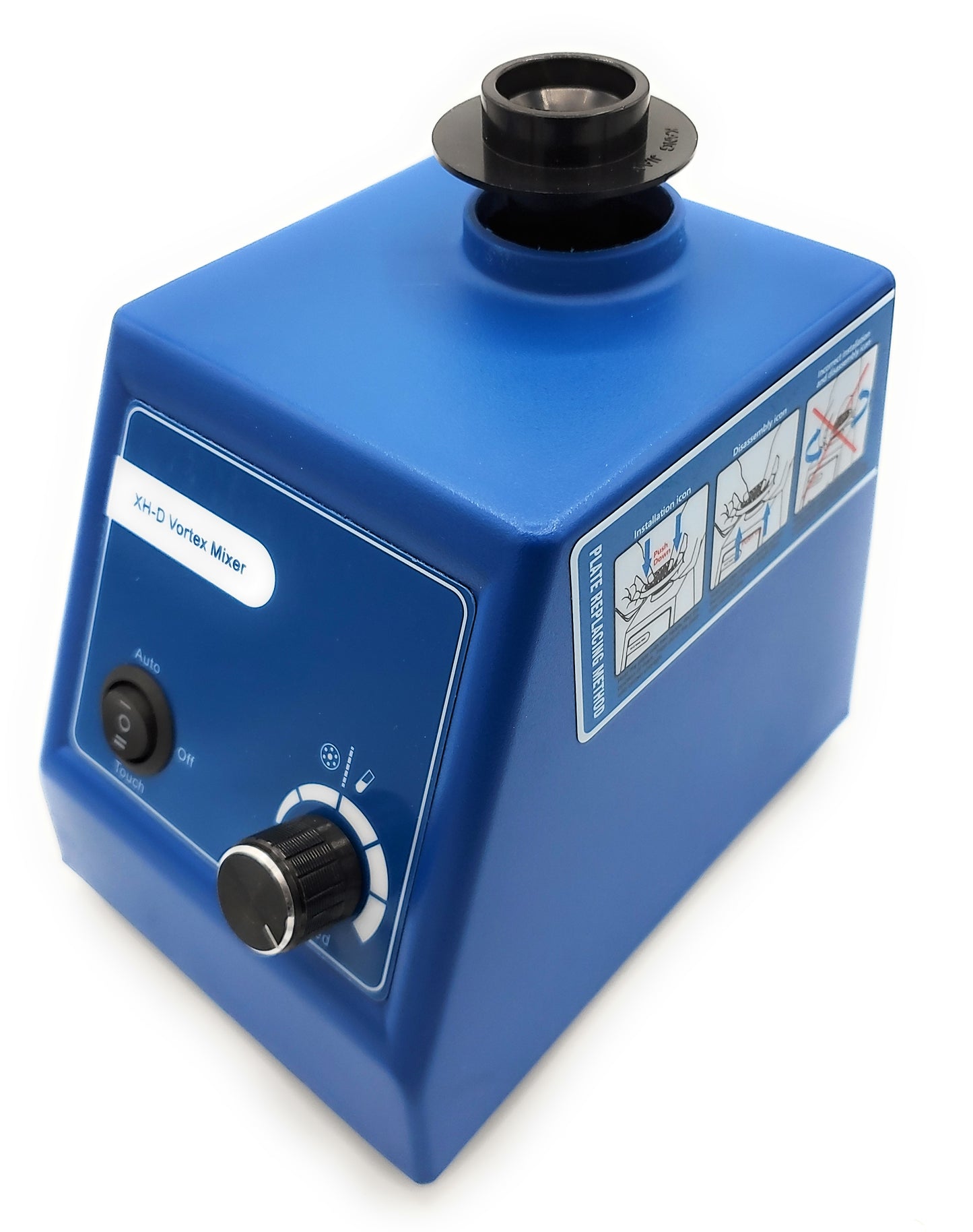 A blue Labnique XH-D Vortex Mixer with a black top. The mixer has a switch labeled "Auto," "Off," and "Touch," as well as a speed dial. A diagram on the side of the mixer shows the plate replacing method.