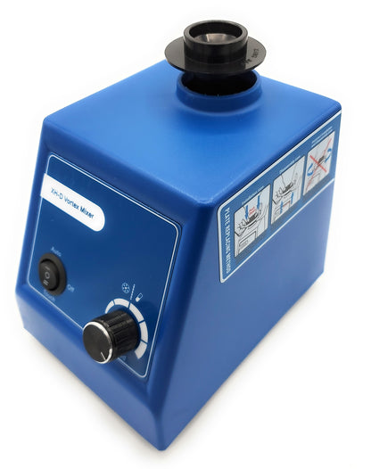 A blue Labnique XH-D Vortex Mixer with a black top. The mixer has a switch labeled "Auto," "Off," and "Touch," as well as a speed dial. A diagram on the side of the mixer shows the plate replacing method.