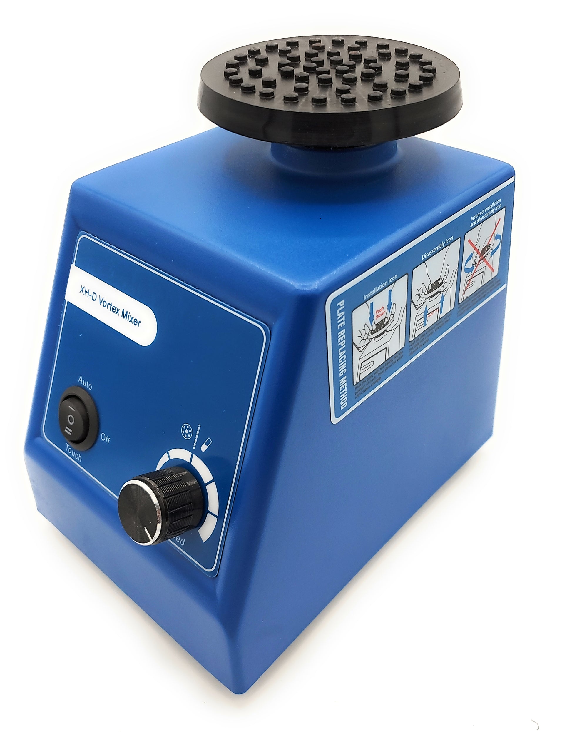 A blue Labnique XH-D Vortex Mixer with a black, anti slip plate, top. The mixer has a switch labeled "Auto," "Off," and "Touch," as well as a speed dial. A diagram on the side of the mixer shows the plate replacing method. The black top has a black insert with multiple holes.