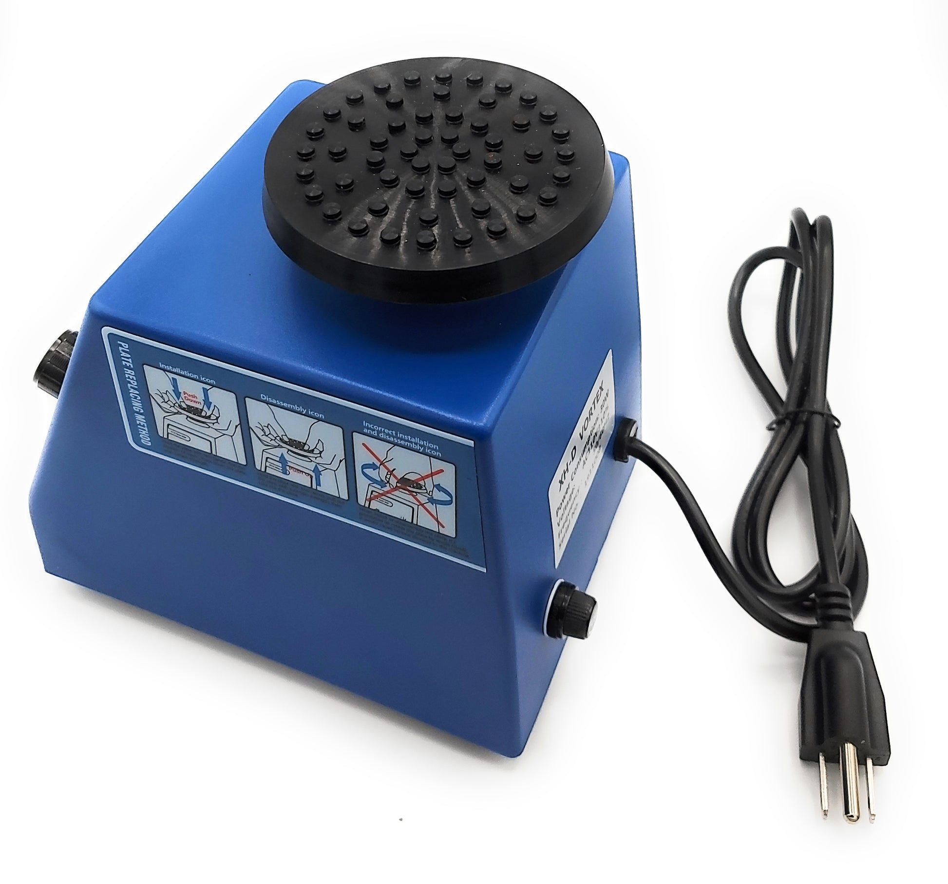 A blue Labnique 4-in-1 Vortex Mixer with a black top. The mixer has a black cord plugged into the back, and a diagram on the side shows the plate replacing method. The black top has a black insert with multiple holes.