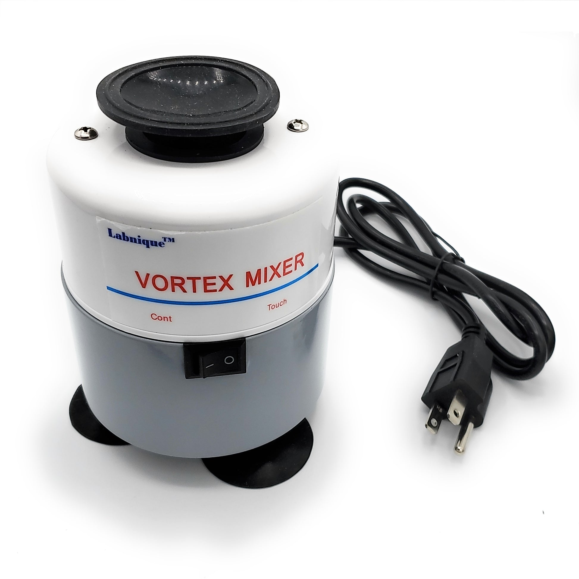 A Labnique vortex mixer with a white and gray body, black top, and black cord. The mixer has a switch labeled "Cont" and "Touch."