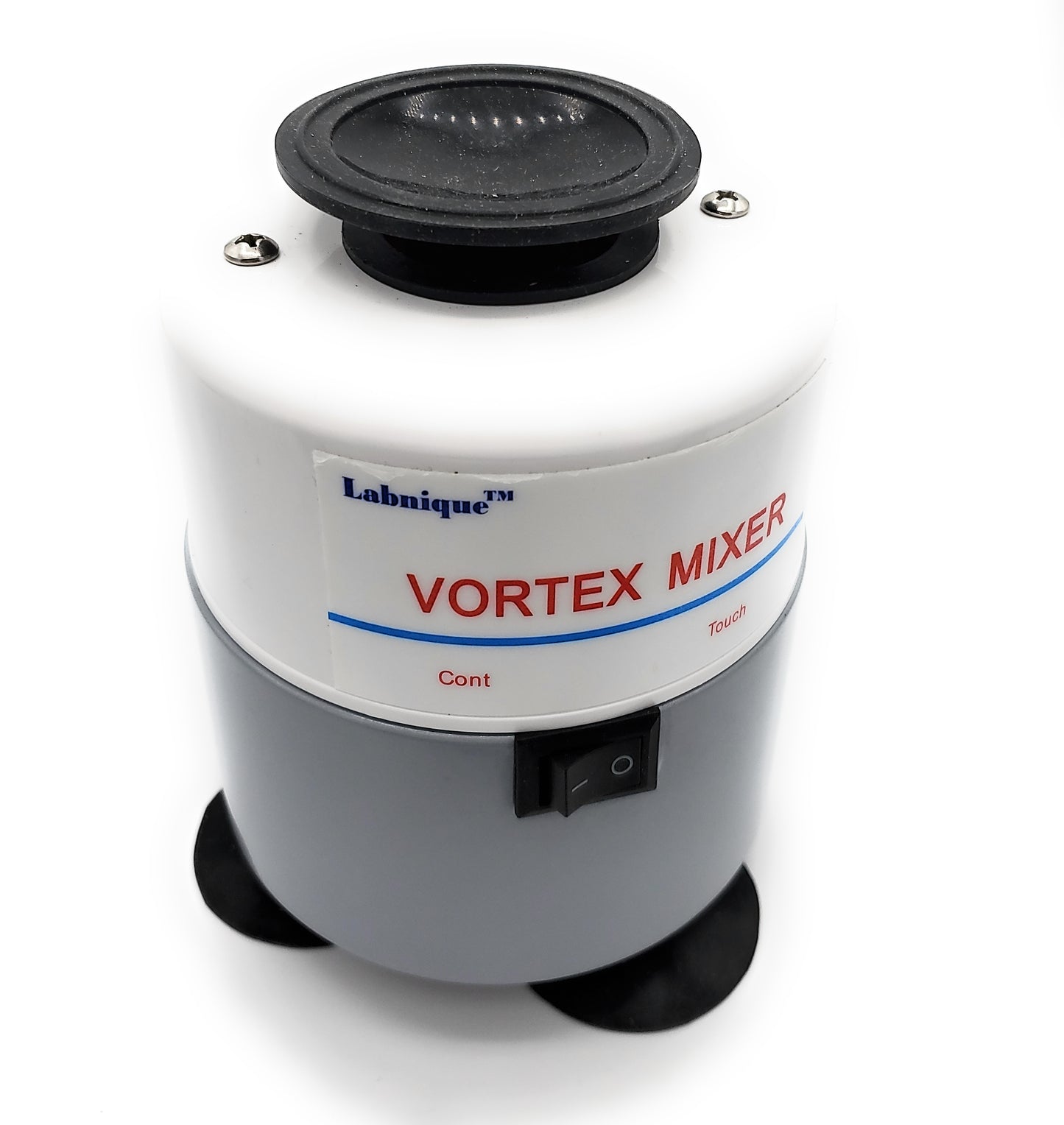 A white and gray Labnique vortex mixer with a black top and a switch labeled "Cont" and "Touch."