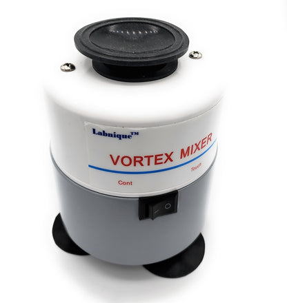A white and gray Labnique vortex mixer with a black top and a switch labeled "Cont" and "Touch."