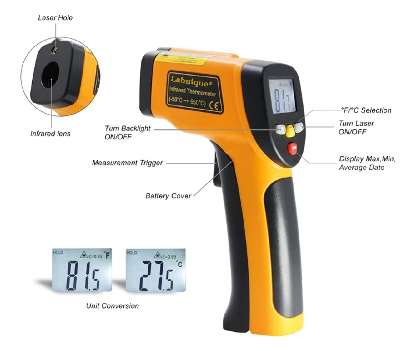 Industrial Infrared Thermometer, Laser IR Thermometer, -58℉~ 1202℉ (-50℃ ~ 650℃)