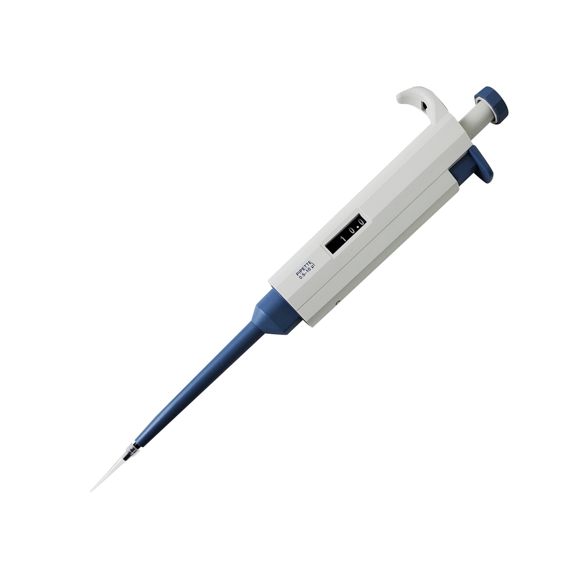 White and blue single channel pipette, showing volume display of 10.0 μl.