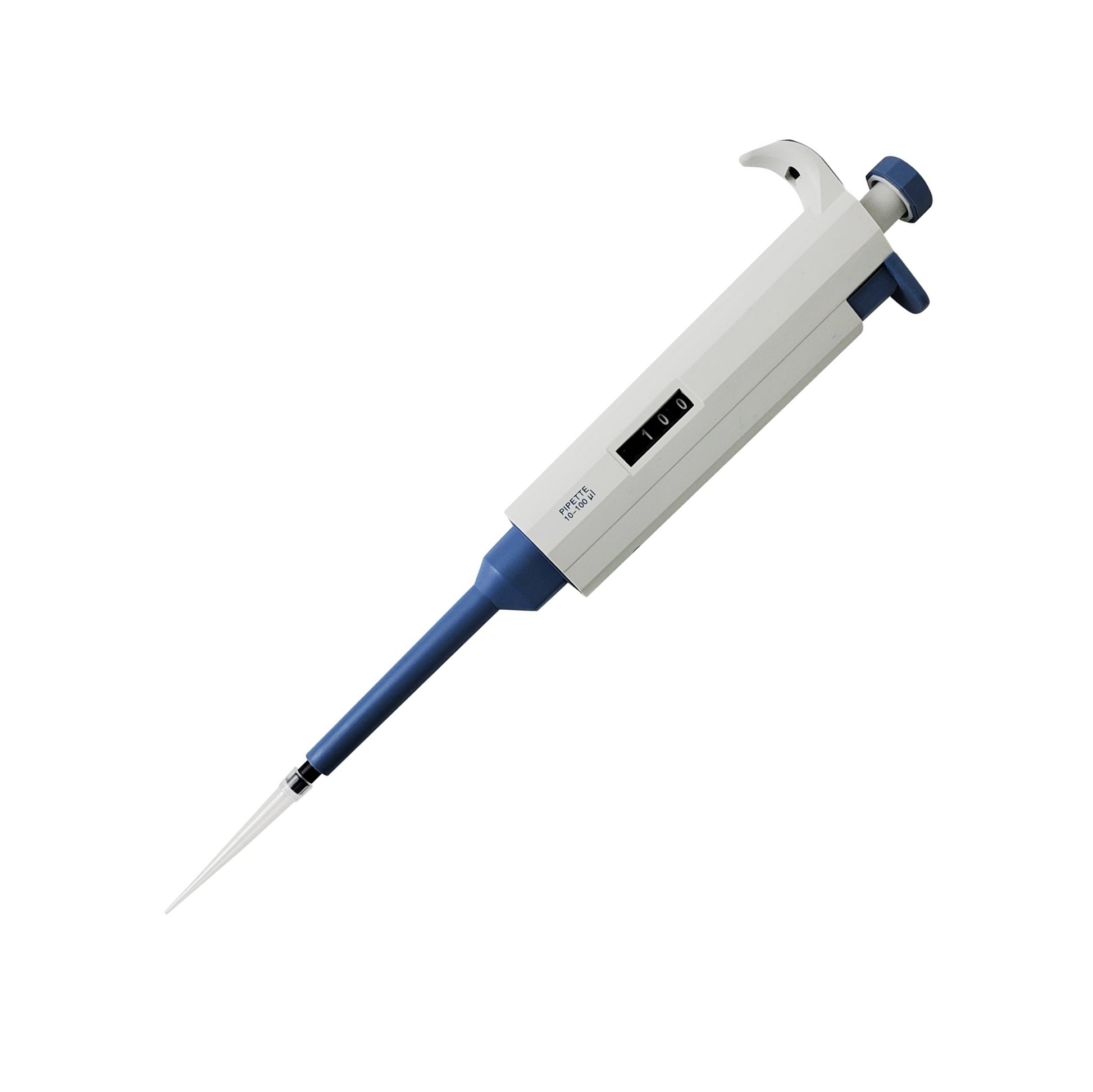 White and blue single channel pipette, showing volume display of 100 μl.