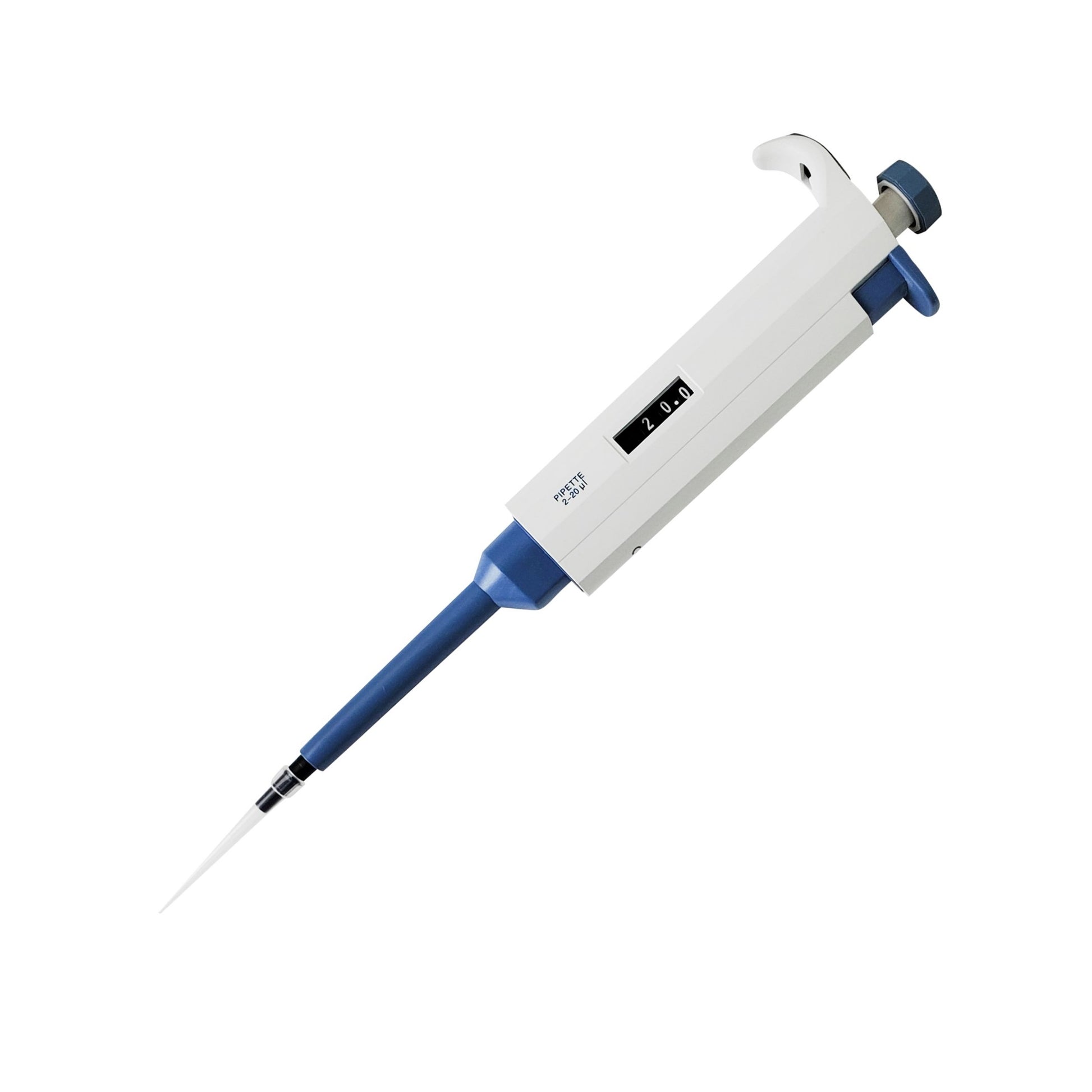 White and blue single channel pipette, showing volume display of 20.0μl.