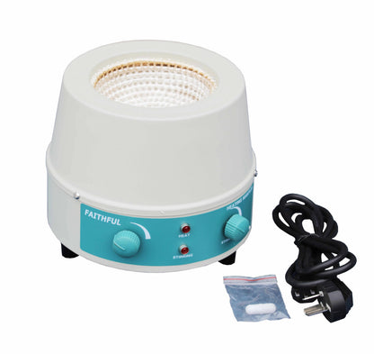 1000ml Analog Heating Mantle kit including the white and blue stirring mantle unit, a standard 110V power cord, and a white PTFE-coated magnetic stir bar. The interior shows the fiberglass jacket heating element.