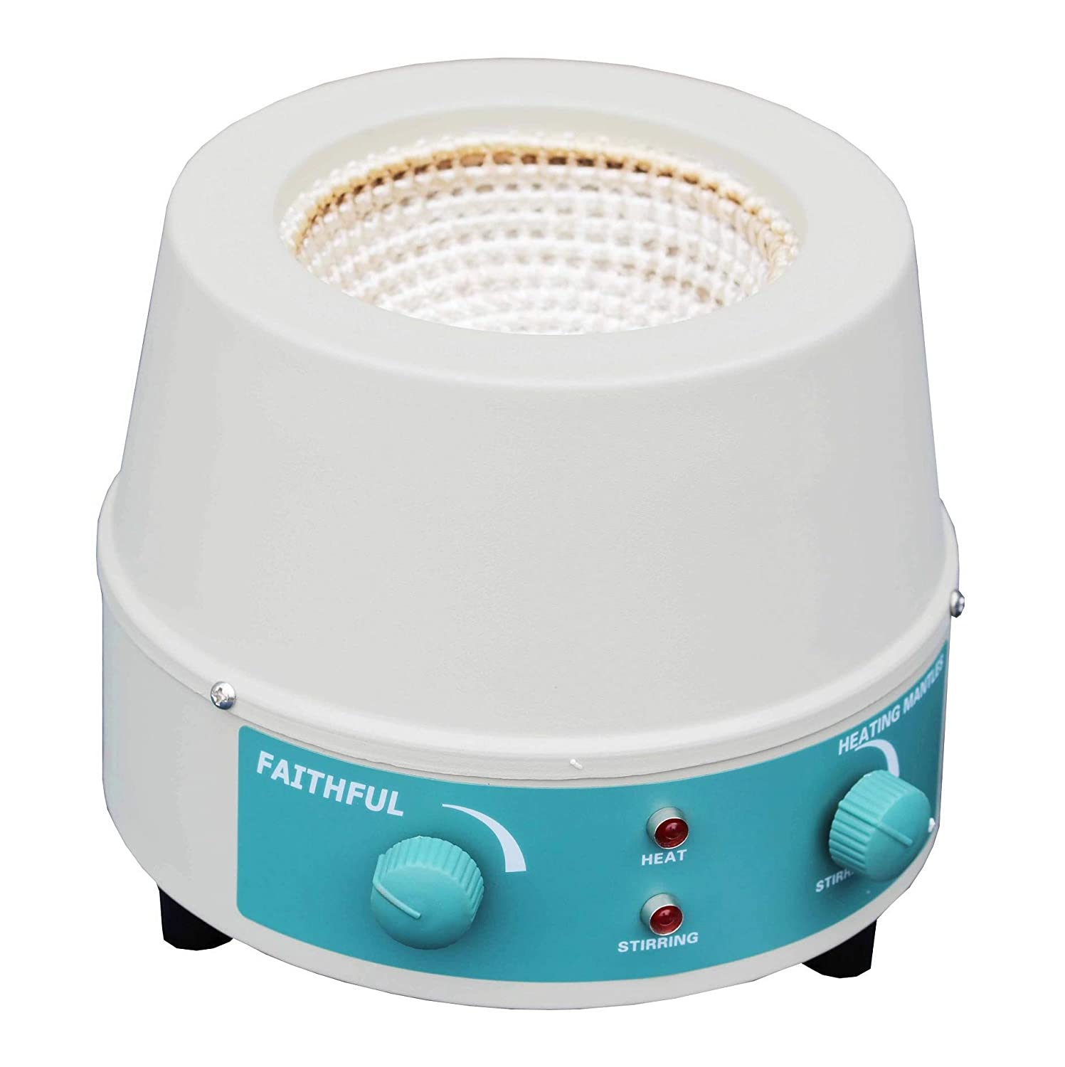 Analog Heating Mantle with a white cylindrical body and blue control panel. Features two green stepless adjustment knobs for 'Heat' and 'Stirring' with red indicator lights.