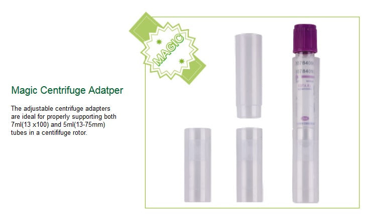 Centrifuge adapter set, various sizes, with purple-capped tube.