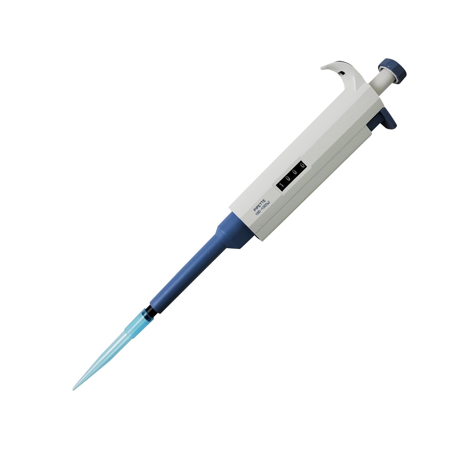 White and blue single channel pipette, showing volume display of 1000.0 μl.