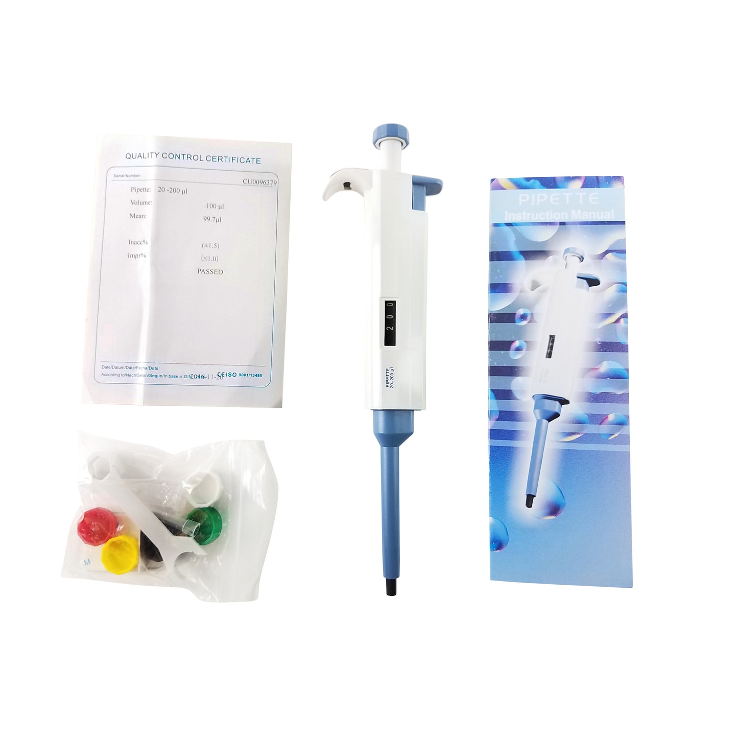 Single channel pipette, quality control certificate, instruction manual, and calibration tools.
