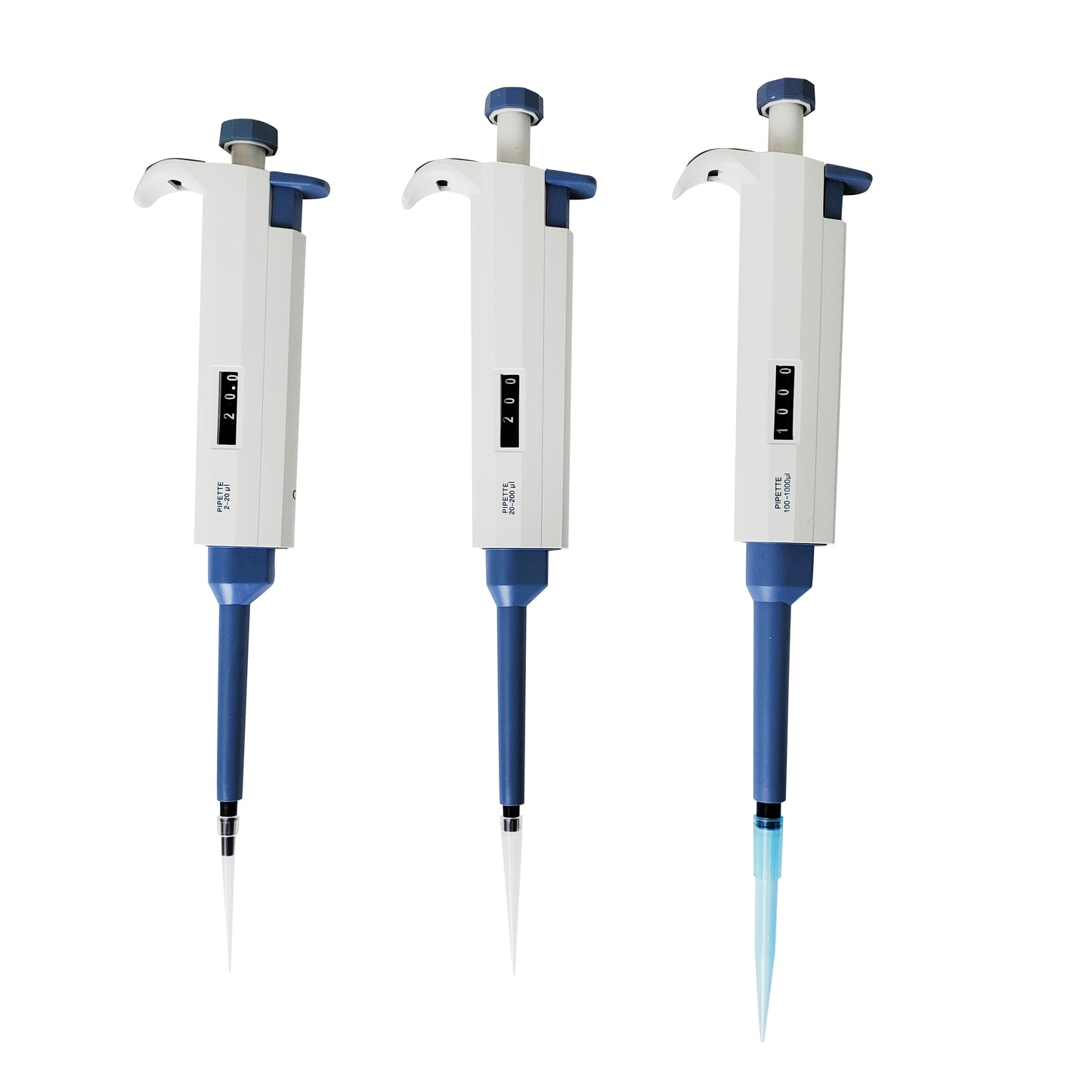 Set of three Labnique variable volume single channel pipettes: 2-20µl, 20-200µl, and 100-1000µl with tips.