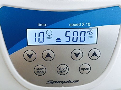 Close-up of Spinplus centrifuge digital display, time and speed readouts.