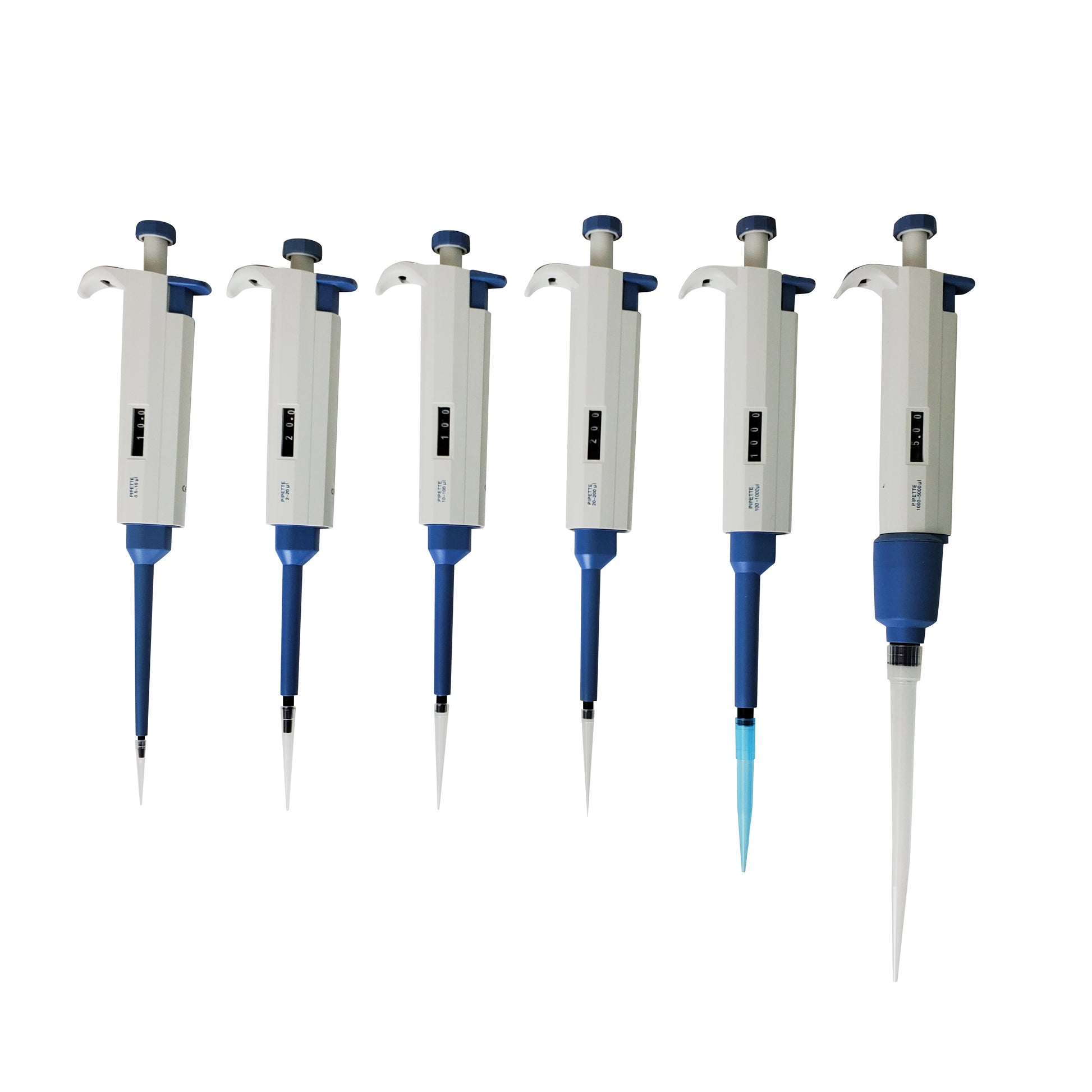 Three Labnique adjustable volume micropipettes of different sizes, 10µl, 100µl, 1000µl, 2-20 µL, 20-200 µL, and 100-1000 µLwith tips attached.