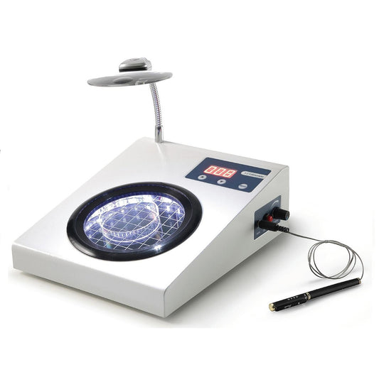 Labnique digital colony counter (colonometer) with a large illuminated counting plate and digital display, ideal for microbiology.