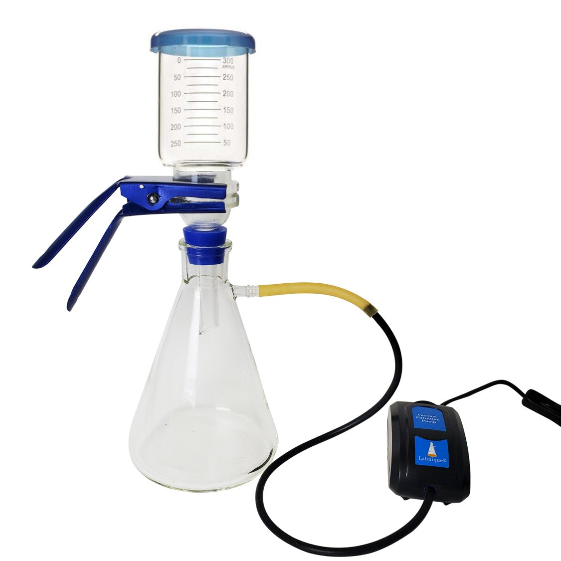 Glass vacuum filtration distillation apparatus with a compact vacuum pump, suitable for laboratory filtration and distillation.
