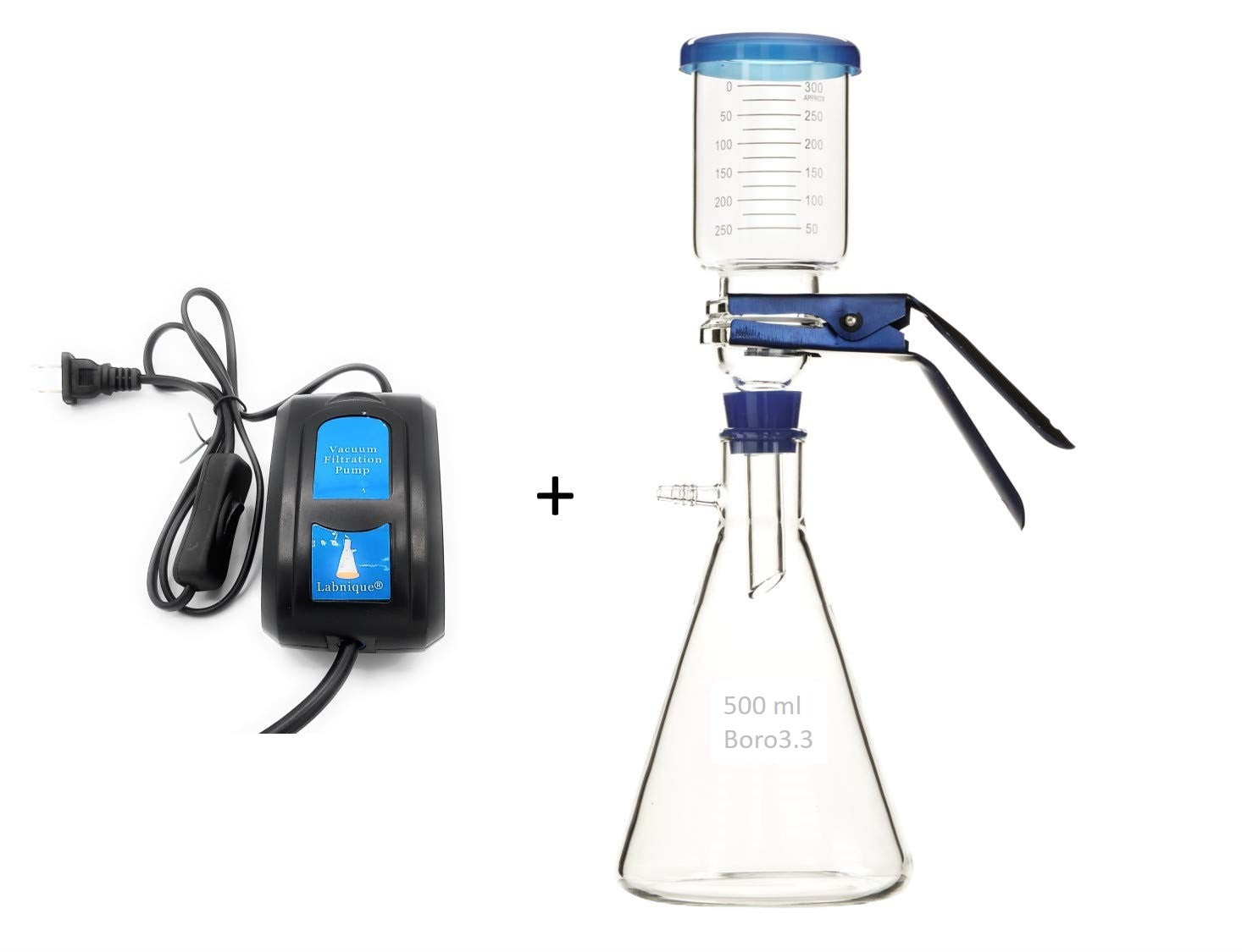 Labnique vacuum filtration setup with a 500ml flask, filter funnel, and a compact black electric vacuum pump.