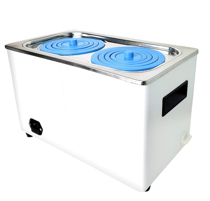 Back view of Labnique digital thermostatic water bath showing power input, side handles, and drain spigot.