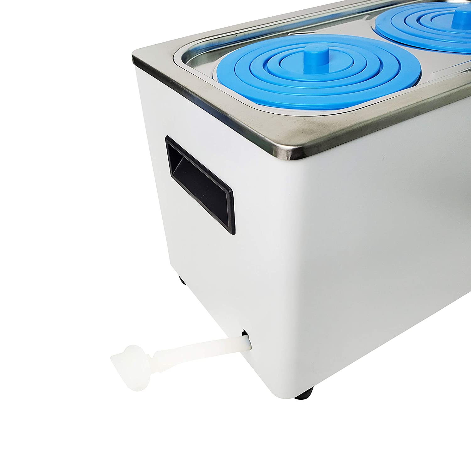 Close-up of Labnique water bath's drain spigot with flexible tubing extended, showing blue chamber covers.