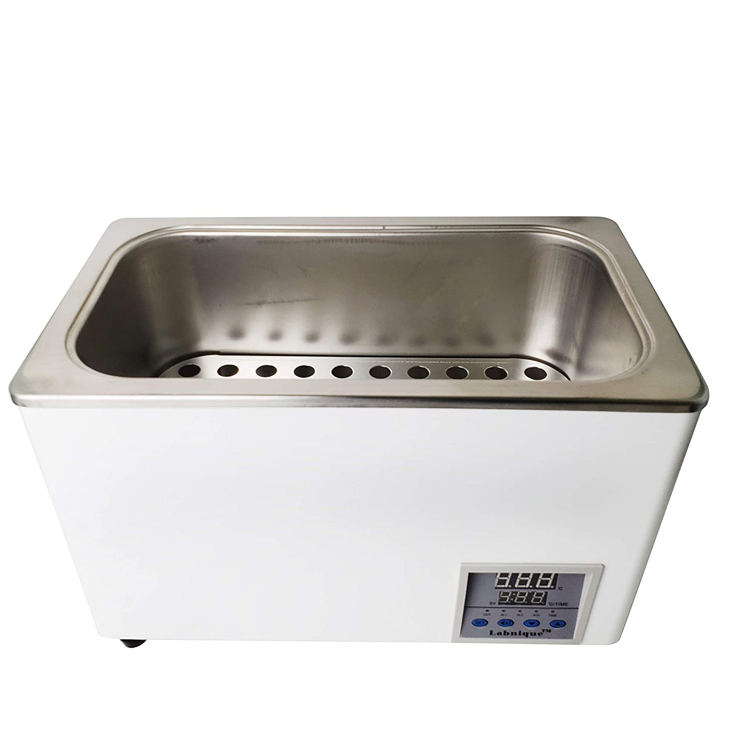 Top-down view of Labnique digital thermostatic water bath with lid removed, showing stainless steel interior and perforated false bottom.